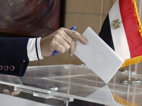 An Egyptian expatriate living in Lebanon casts her vote in a referendum on the new Egyptian constitution at the Egyptian embassy in Beirut
